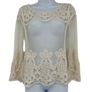 Express Crochet Micro Mesh Womens Top Sz XS Cream Festival Dainty Boho Cottage